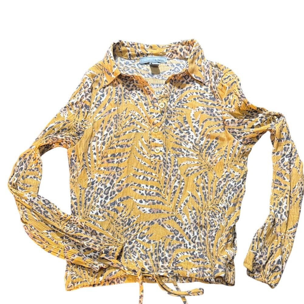 By Design Yellow Animal Palm Print Long Sleeve Drawstring Hem Blouse Small